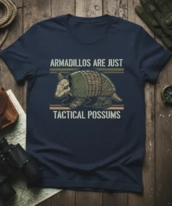Armadillos Are Just Tactical Possums funny quote t-shirt design featuring an armadillo graphic and vintage stripes
