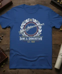 Arms & Ammunition Est. 1860 T-Shirt with vintage rifle graphic and laurel wreath