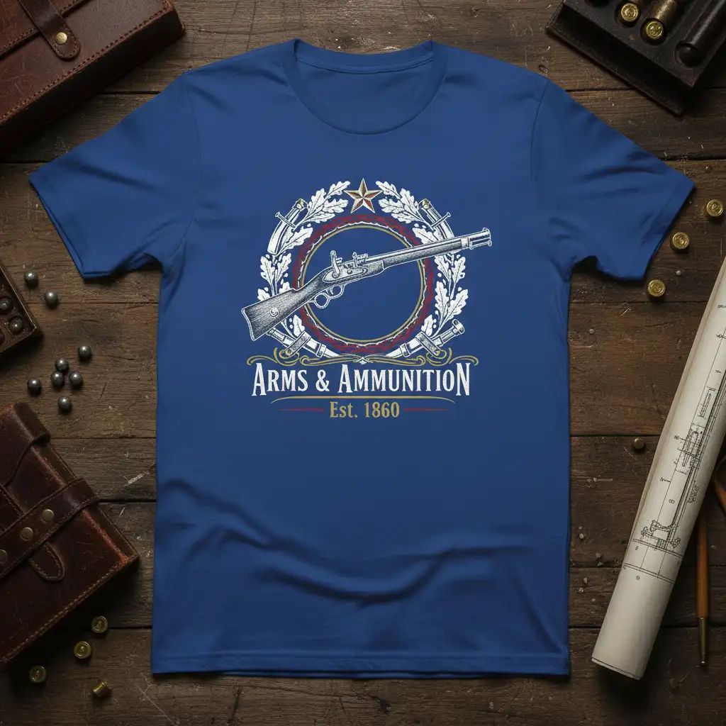 Arms & Ammunition Est. 1860 T-Shirt featuring a detailed vintage rifle illustration within a laurel wreath
