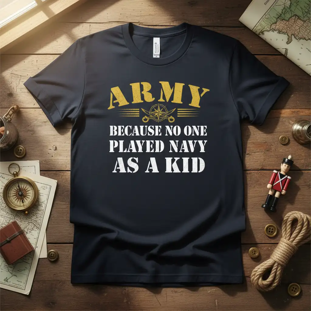 Army Because No One Played Navy As A Kid humorous quote on a dark t-shirt with vintage compass graphic