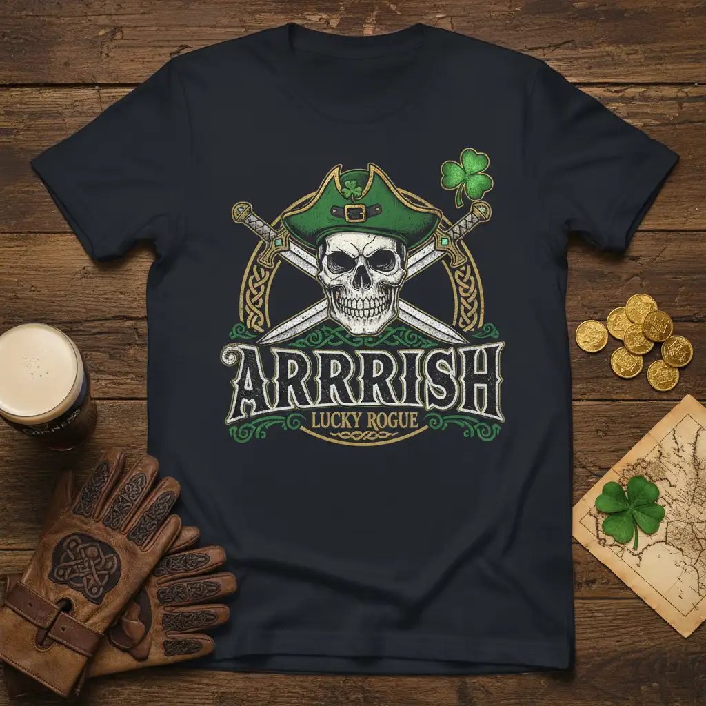 Arrrish Lucky Rogue pirate skull and crossed swords design with Irish knotwork and shamrock