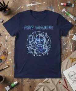 Art Major t-shirt with abstract geometric face and artistic tools graphic, featuring neon blue and purple text