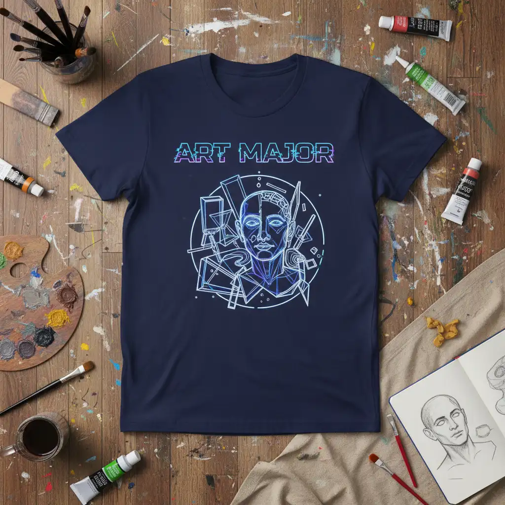 Art Major t-shirt design with abstract neon outline of a face and artistic elements, perfect for art students