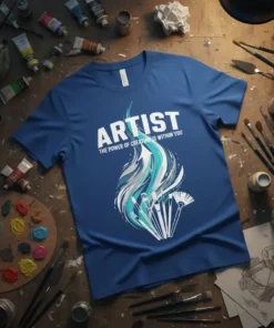 Artist t-shirt with bold white text "ARTIST THE POWER OF CREATION IS WITHIN YOU" and abstract flame graphic with paintbrushes