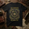 Black t-shirt featuring "As Above So Below" text and a circular celestial zodiac chart with sun, moon, and astrological symbols