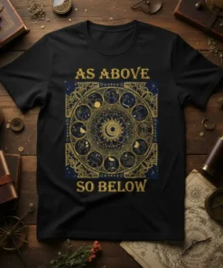 Black t-shirt featuring "As Above So Below" text and a circular celestial zodiac chart with sun, moon, and astrological symbols