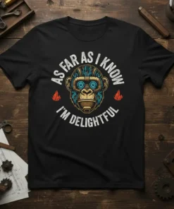 Robotic monkey t-shirt with "As Far As I Know I'm Delightful" text in white distressed font