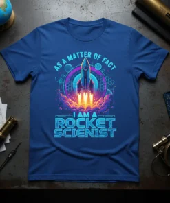 As A Matter Of Fact I Am A Rocket Scientist quote with a colorful rocket blasting off, surrounded by celestial