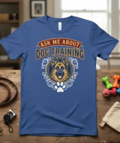 Ask Me About Dog Training t-shirt featuring a German Shepherd portrait and paw print graphic