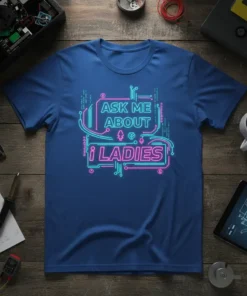 Blue t-shirt with neon pink and blue text "ASK ME ABOUT i LADIES" in a circuit board design