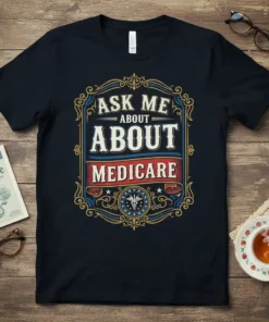 Ask Me About Medicare quote in vintage style typography on a navy blue t-shirt, featuring a caduceus medical symbol