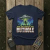 Ask Me About My Buthole t-shirt design with Bigfoot being abducted by a UFO, featuring mountains and stars
