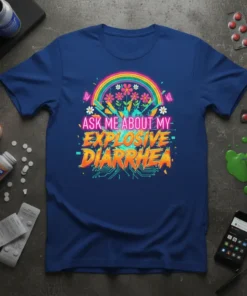 Ask Me About My Explosive Diarrhea funny quote t-shirt with rainbow and floral graphics
