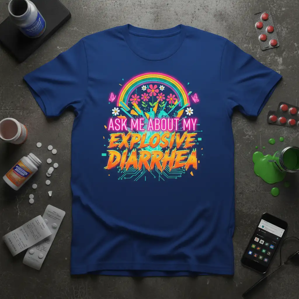 Ask Me About My Explosive Diarrhea humorous quote t-shirt with bright rainbow and floral design elements