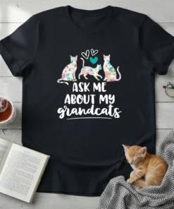 Ask Me About My Grandcats t-shirt with floral cat graphics and white text
