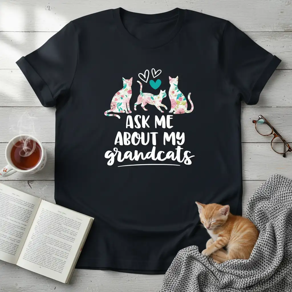 Ask Me About My Grandcats quote with floral cat illustrations on a black t-shirt