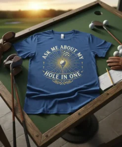 Blue t-shirt with "Ask Me About My Hole In One" text and a golf ball on a tee graphic
