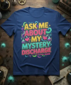 Blue t-shirt with bold, colorful text: "ASK ME ABOUT MY MYSTERY DISCHARGE" in a playful font with science-themed graphics