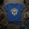 Asphalt Angel t-shirt with a detailed V-twin motorcycle engine graphic and distressed typography