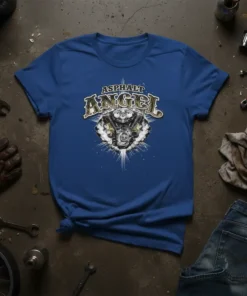 Asphalt Angel t-shirt with a detailed V-twin motorcycle engine graphic and distressed typography