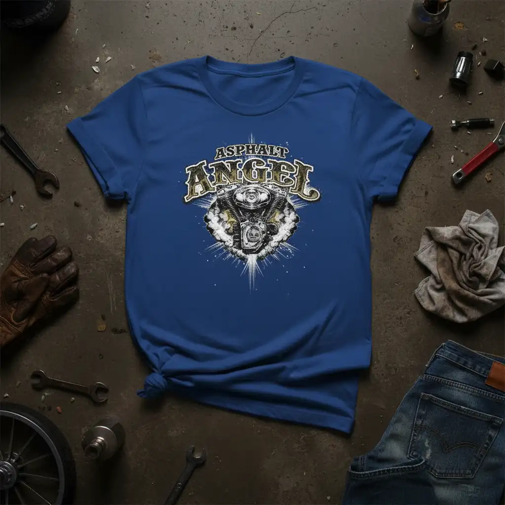 Asphalt Angel motorcycle engine graphic tee with distressed text and powerful V-twin engine illustration