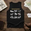 Asses of the World tank top design with humorous donkey illustrations and text labels like Lazy, Smart, Half, Fat, Kick