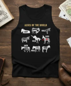 Asses of the World tank top design with humorous donkey illustrations and text labels like Lazy, Smart, Half, Fat, Kick