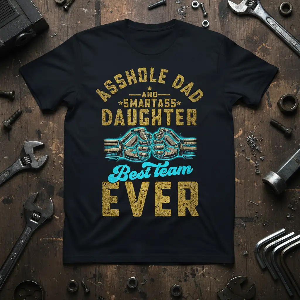 Asshole Dad and Smartass Daughter Best Team EVER quote with fist bump graphic on t-shirt