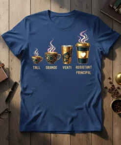 Assistant Principal Coffee Sizes T-Shirt featuring four coffee cups labeled Tall, Grande, Venti, and Assistant Principal