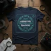 Assistive Technology Specialist t-shirt with circular blueprint design featuring text and circuit board graphics