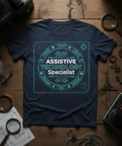 Assistive Technology Specialist t-shirt with circular blueprint design featuring text and circuit board graphics