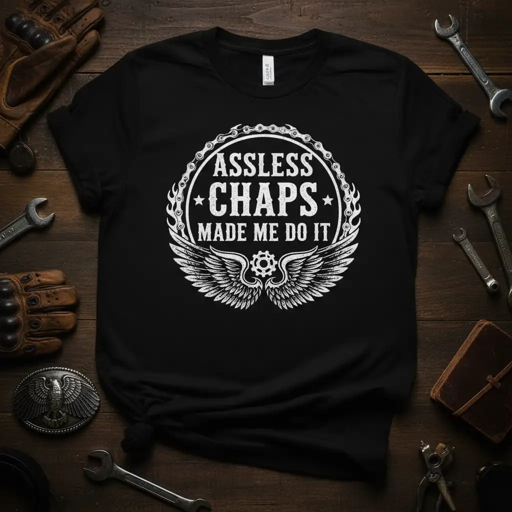 Assless Chaps Made Me Do It quote with wings and gear graphic on a black tee