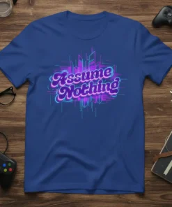 Assume Nothing retro neon graphic t-shirt with stylized city skyline background