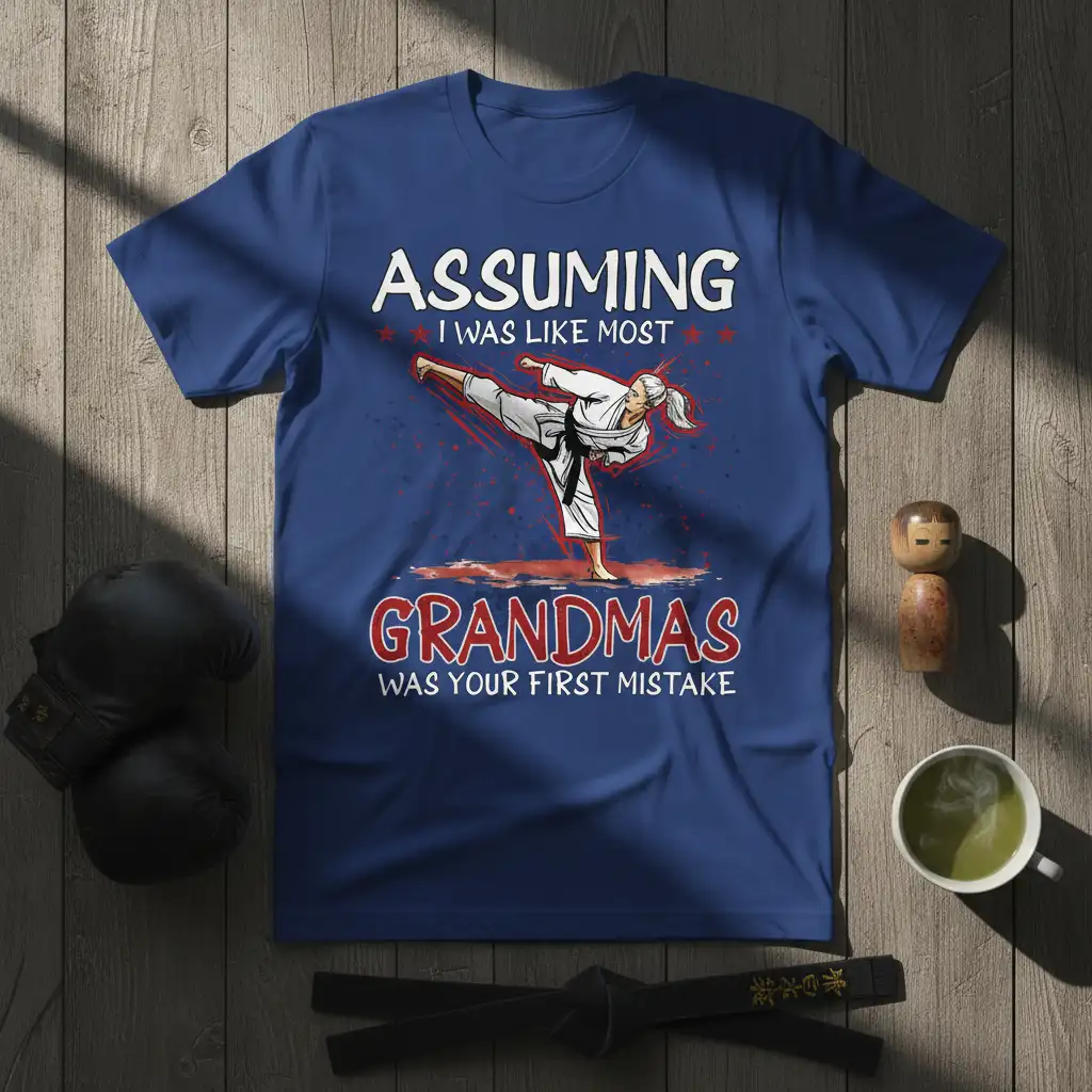 Assuming I Was Like Most Grandmas Was Your First Mistake quote on t-shirt with karate graphic