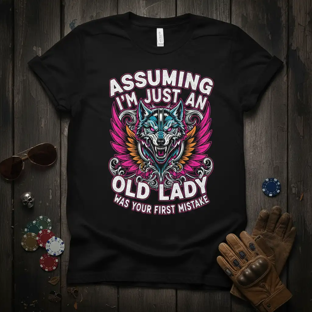 Assuming I'm Just An Old Lady Was Your First Mistake quote with fierce wolf and wings graphic on t-shirt