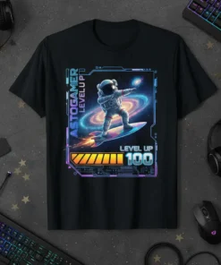 Astogamer Level Up 100 t-shirt design featuring an astronaut surfing in space with a progress bar and galaxy background