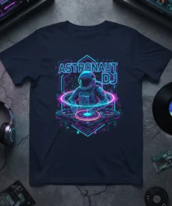 Astronaut DJ t-shirt design featuring an astronaut in a helmet spinning records on a DJ console with neon pink and