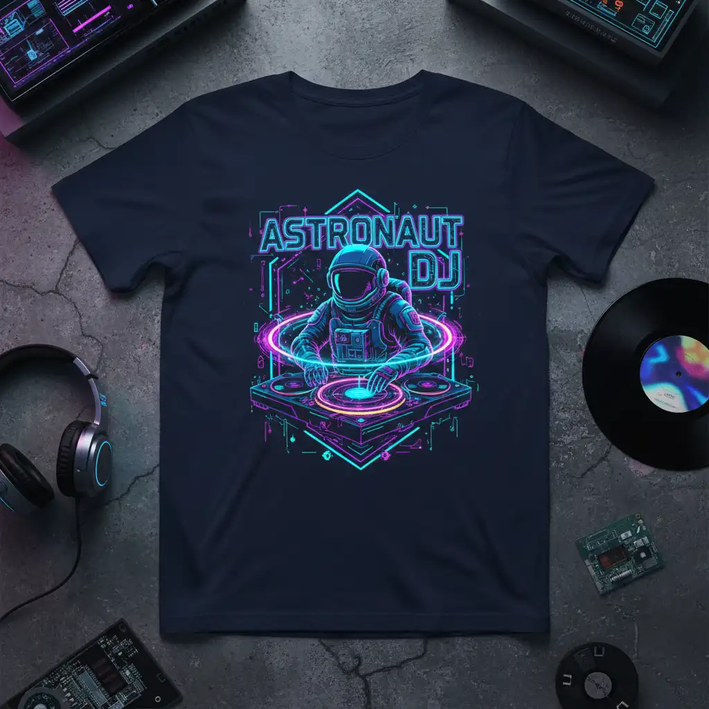 Astronaut DJ graphic tee with neon circuit board patterns and a DJing astronaut in a helmet