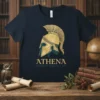 Navy t-shirt featuring a golden Greek helmet graphic with the text ATHENA GODDESS OF WISDOM & WAR below