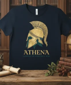 Navy t-shirt featuring a golden Greek helmet graphic with the text ATHENA GODDESS OF WISDOM & WAR below