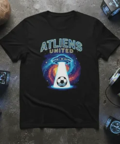 Atliens United text above a UFO beaming down a soccer ball, set against a colorful galaxy background
