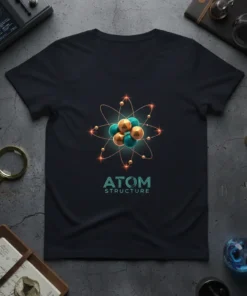 Atom Structure t-shirt design featuring a detailed atomic model with teal and gold spheres and orbiting electrons