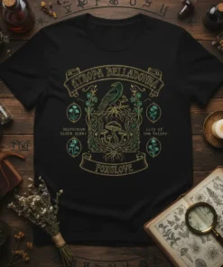 Black t-shirt with ATROPA BELLADONNA DELPHINIUM ELDER BERRY LILY of the VALLEY FOXGLOVE botanical illustration design, featuring a raven and