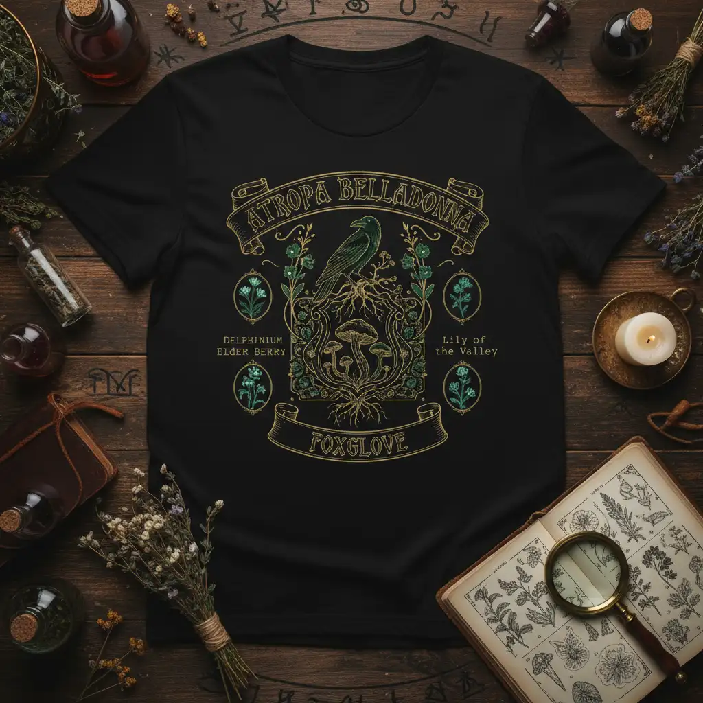 ATROPA BELLADONNA DELPHINIUM ELDER BERRY LILY of the VALLEY FOXGLOVE text with raven and mushroom illustration on black t-shirt