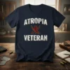 Atropia Veteran T-Shirt featuring distressed text and a military emblem graphic