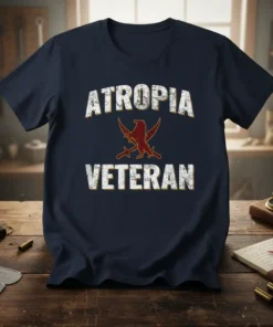 Atropia Veteran T-Shirt featuring distressed text and a military emblem graphic