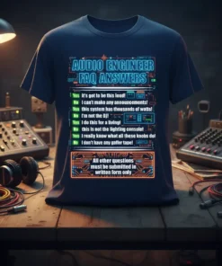 Audio Engineer FAQ Answers T-Shirt with neon-style text about sound engineering and submission requirements