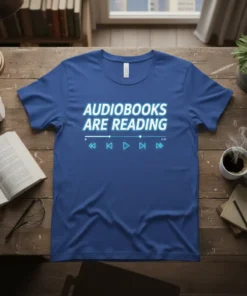 Blue t-shirt with white text "AUDIOBOOKS ARE READING" and a media player interface graphic below