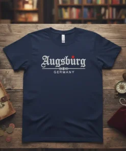 Navy blue t-shirt featuring "Augsburg GERMANY" in white gothic-style font with a red dot accent