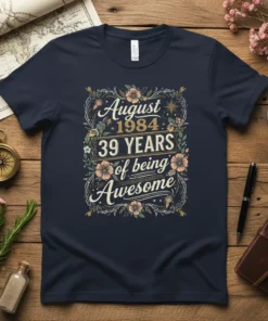 August 1984 39 Years of Being Awesome birthday t-shirt design with floral border